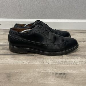 Vintage 1950s Florsheim Shoes Men Size 12 Black Long Wing Wingtip V Cleat 2 Nail